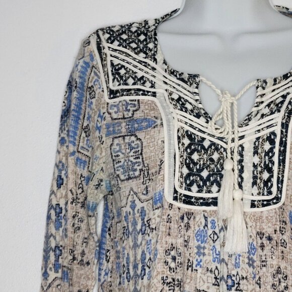 Lucky Brand Top Size S Boho Blue Multicolor 3/4 Sleeve Peasant Tassel Tie - Picture 2 of 14